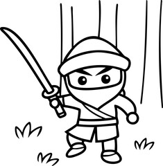 Fototapeta premium Ninja warrior holding sword in forest with determined expression line art drawing