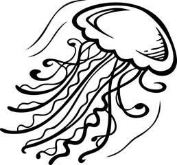 Fototapeta premium Jellyfish line art drawing with flowing tentacles and curved bell shape in black and white style, elegant marine creature illustration