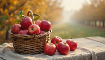 Woven basket filled with juicy red apples on fabric in autumn garden. Blurred apple trees in background evoke warm harvest season. Perfect for farm life and organic themes