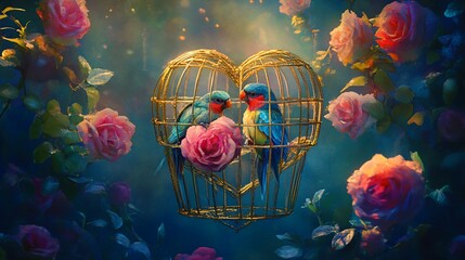 Romantic birds in heart cage, rose garden, digital art, Valentine's Day