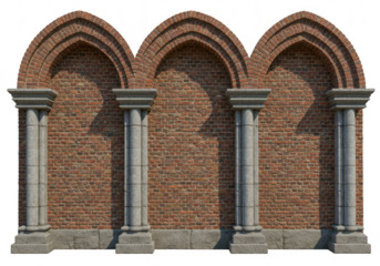 Gothic arches supported by stone columns against a brick wall, isolated on white isolated on transparent background