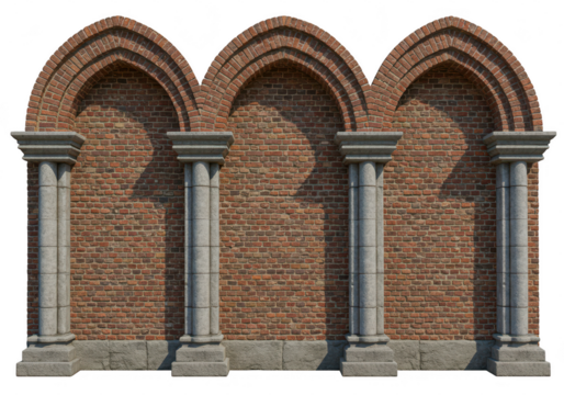 Gothic arches supported by stone columns against a brick wall, isolated on white isolated on transparent background