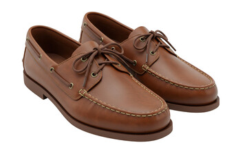 A pair of brown leather boat shoes with laces, isolated on a transparent background