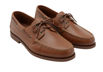 A pair of brown leather boat shoes with laces, isolated on a transparent background