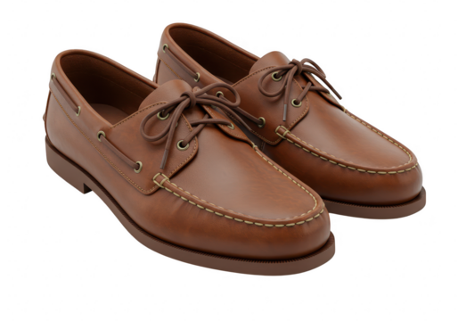 A pair of brown leather boat shoes with laces, isolated on a transparent background