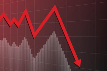 A red arrow chart illustrates an economic recession and financial downturn. The arrow points downward, signifying a decline in the economy. The graph shows a decrease in financial value.