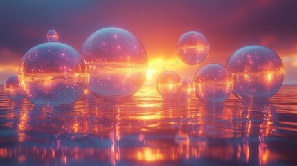 Fototapeta premium Ethereal orbs floating on a serene water surface reflecting the vibrant sunset