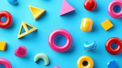 Colorful Geometric Shapes Arranged Neatly on a Blue Background for Playful Design and Modern Aesthetics