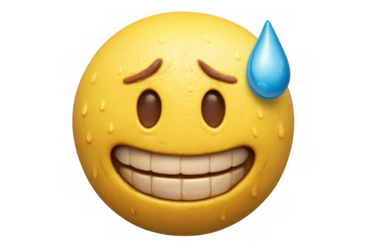 Grimacing emoji with exposed teeth, perspiring intensely, rendered in 3d against transparent backdrop - Powered by Adobe