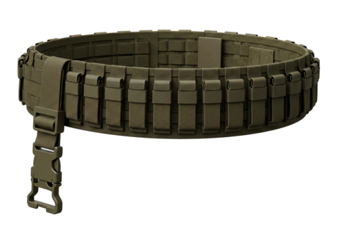 Olive drab ammunition bandolier belt with multiple pouches isolated on transparent background