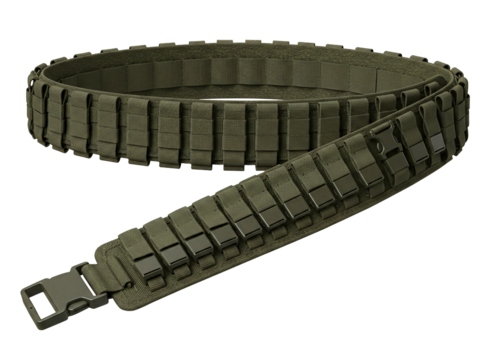 Olive drab ammunition bandolier belt with multiple pouches isolated on transparent background