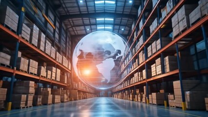 A digital globe in a warehouse symbolizes global supply chain connectivity. 4k video - Powered by Adobe