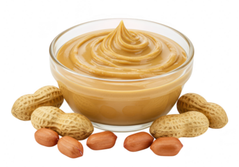 A glass bowl filled with creamy peanut butter surrounded by peanuts and shells, isolated on a transparent background