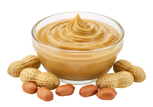 A glass bowl filled with creamy peanut butter surrounded by peanuts and shells, isolated on a transparent background