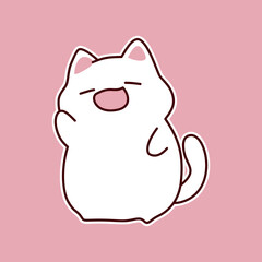 Cute white cartoon cat yawning with pink background