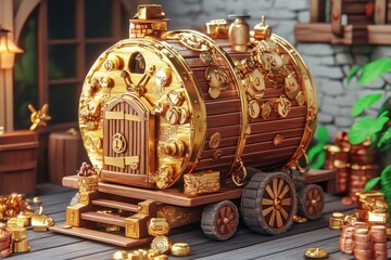 Ornate wooden barrel on a cart, detailed and decorative.