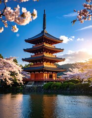 Naklejka premium Stunning pagoda amidst cherry blossoms