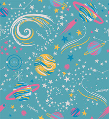 A fun, seamless space pattern featuring colorful planets, stars, constellations, and galaxies on teal, perfect for kids’ clothing, nursery decor, and textile prints.