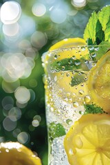 Fresh lemonade in glass with ice and mint on sunny day