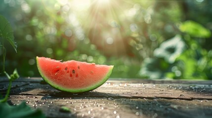 Fresh watermelon slice on a wet wooden background with leaves