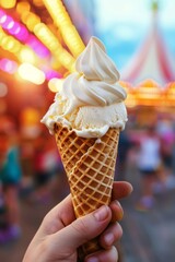 Close-up of melting vanilla ice cream cone at a lively fair