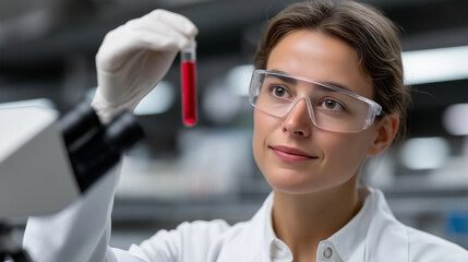 High-resolution close-up of female lab assistant in white coat and safety goggles examining blood sample in test tube inside sterile hospital laboratory with modern diagnostic equipment.