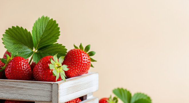 Fresh ripe strawberries with green leaves in wooden box on beige background, natural summer fruit harvest concept, sweet healthy organic berries close up with copy space