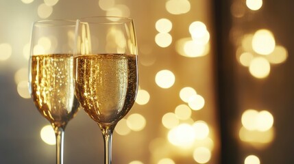 Two champagne flutes filled with sparkling wine against a bokeh background.