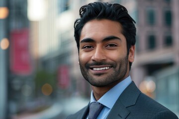 Obraz premium Smiling Asian Businessman Headshot with Blurred Cityscape Background