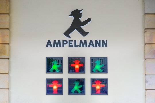 Berlin, Germany - June 1, 2025: Ampelmann Traffic Light Icons in Berlin Displayed on Wall