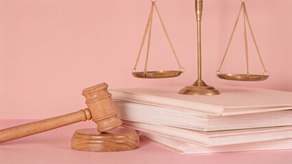 Law and Order Symbolic Representation of Justice System with Gavel Scales and Law Books Against a Light Pink Background