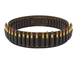 Black ammunition belt with various shotgun shells and cartridges isolated on transparent background