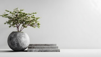 Minimalist small tree in round stone pot casting shadow on white wall