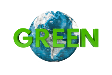 3d word GREEN on globe logo isolated on transparent background, for green nature environment with save and love the earth concept.