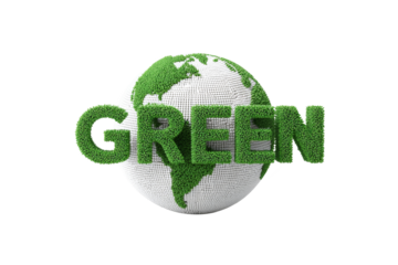 3d word GREEN on globe logo isolated on transparent background, for green nature environment with save and love the earth concept.