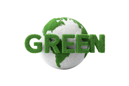 3d word GREEN on globe logo isolated on transparent background, for green nature environment with save and love the earth concept.