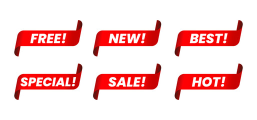 Red Promotional Ribbons Set – FREE, NEW, BEST, SPECIAL, SALE, HOT Tags Vector
