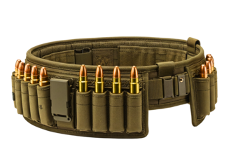 Camouflage ammunition belt with cartridges isolated on transparent background