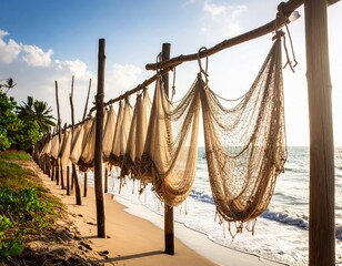 Fishing nets drying on wooden poles at beach