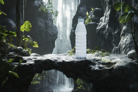 Plastic water bottle on a rocky outcrop amidst a tranquil waterfall scene. - Powered by Adobe