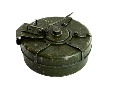 Vintage military anti tank mine with metal casing and activation mechanism isolated on transparent background