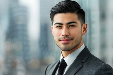 Fototapeta premium Smiling Asian Businessman Headshot with Blurred Cityscape Background