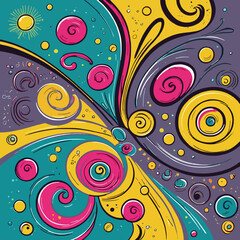 Fototapeta premium Abstract swirling design with vibrant colors, circles, and stylized sun.
