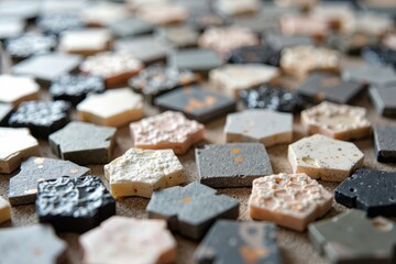 Capture the intricate details and vibrant colors of a mosaic pattern made from color sample quartz tiles in a close-up photograph.