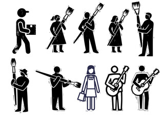 Set of Worker and Artist Icons in Stencil Style