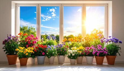 Colorful flowers in pots by a window with a vibrant sunset view
