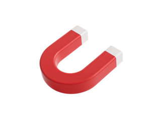 Isolated red horseshoe magnet with white tips demonstrating magnetic force physics