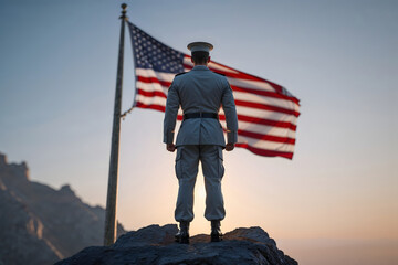 American Soldier Honoring the US Flag at Sunrise for Veterans Day and Independence Day