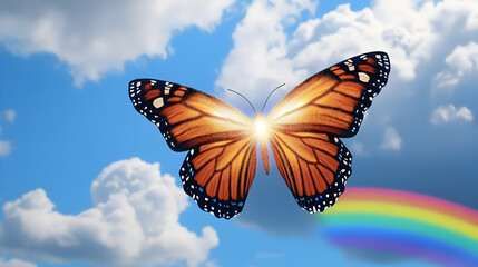 A vibrant orange butterfly, wings open, soars through a vibrant blue sky.  Sunlight radiates from its center, amidst fluffy clouds and a rainbow