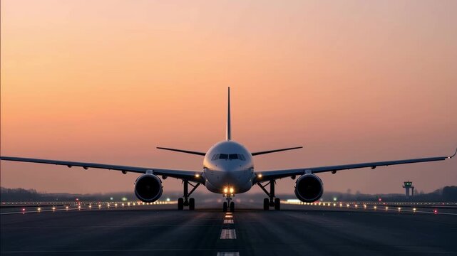 Aircraft moving forward for takeoff on runway with orange sky background and glowing lights, captured in dramatic cinematic style, ideal for air travel or airline media